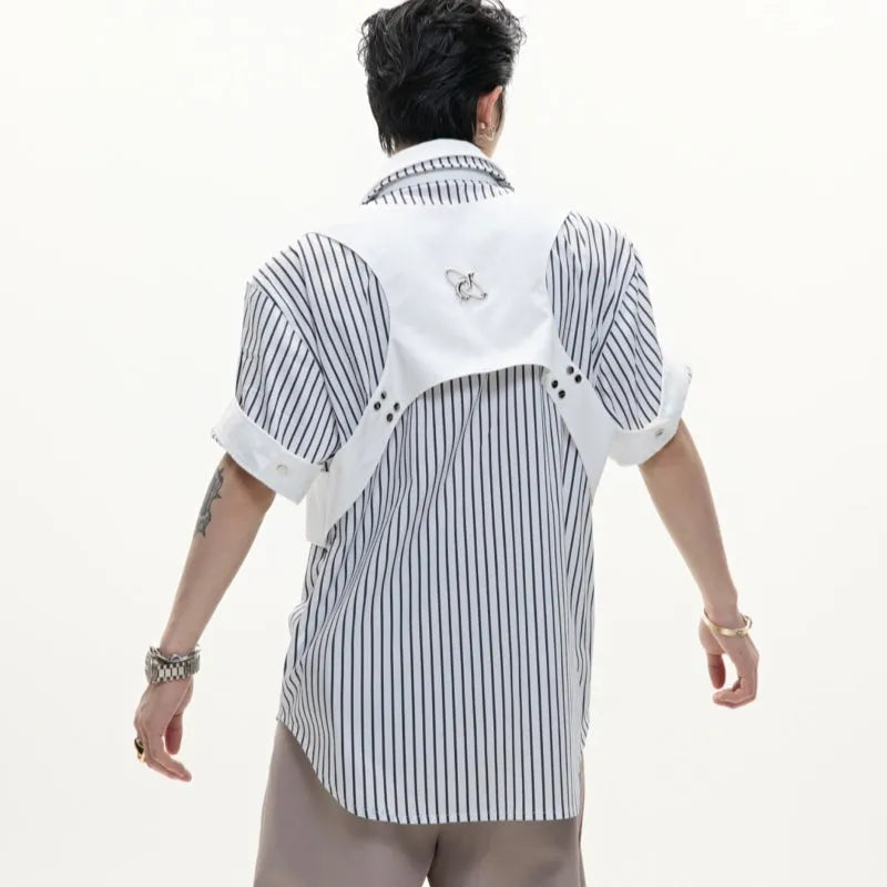 Men's black and white striped cotton shirt with double lapel collar design and short sleeves