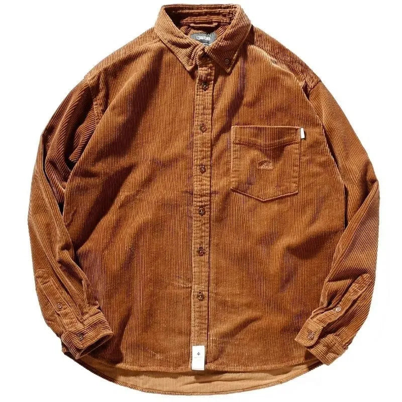 Japanese Hong Kong style loose fit corduroy shirt in caramel colour with cardigan design