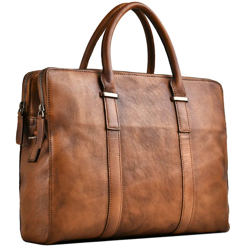 Vintage cowhide leather men's handbag in brown, medium size 35x8x26cm, with zipper closure and shoulder strap