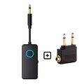Small black Bluetooth audio adapter with a 3.5mm plug for wireless music streaming.