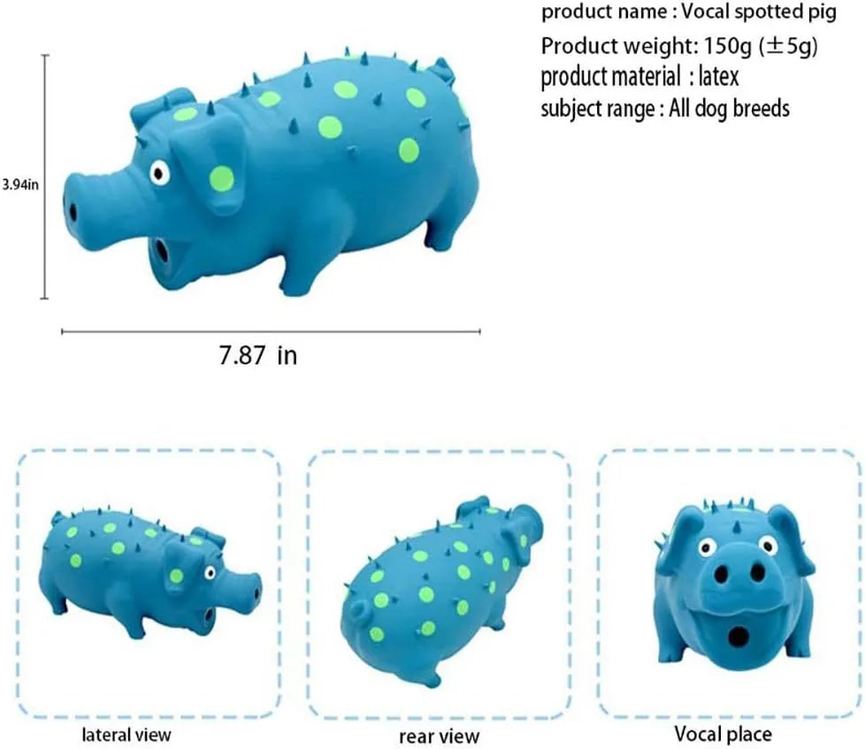 Pig-shaped latex squeaky dog chew toy in various colours with textured surface