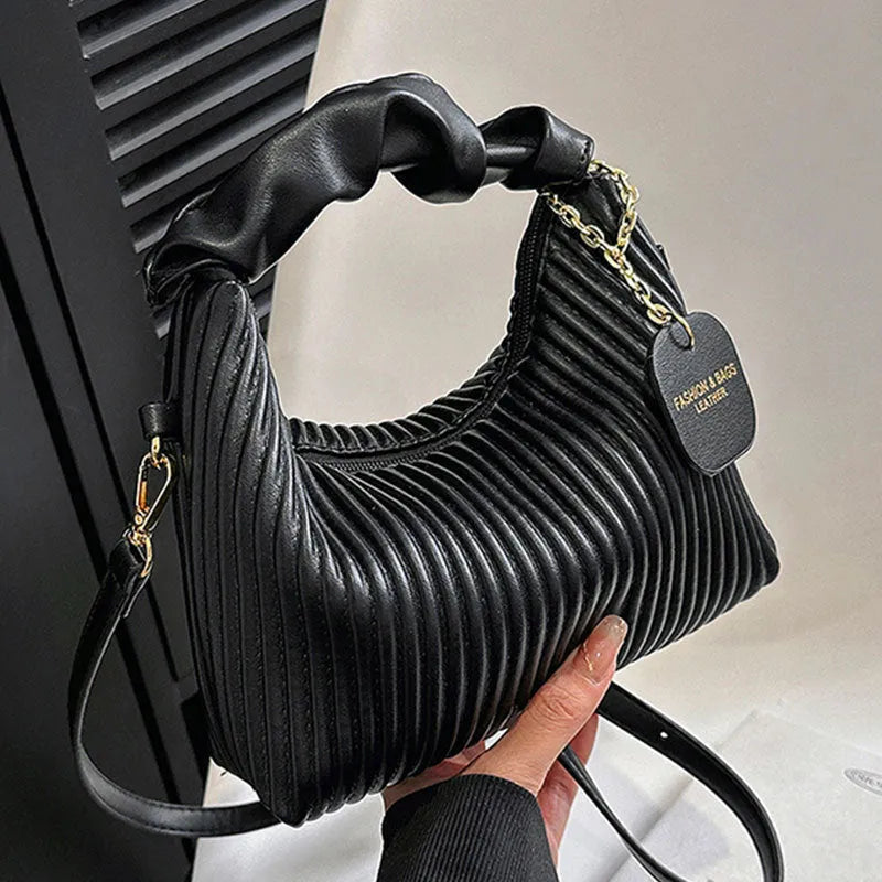 Women's PU leather pleated cloud crossbody bag in black front view