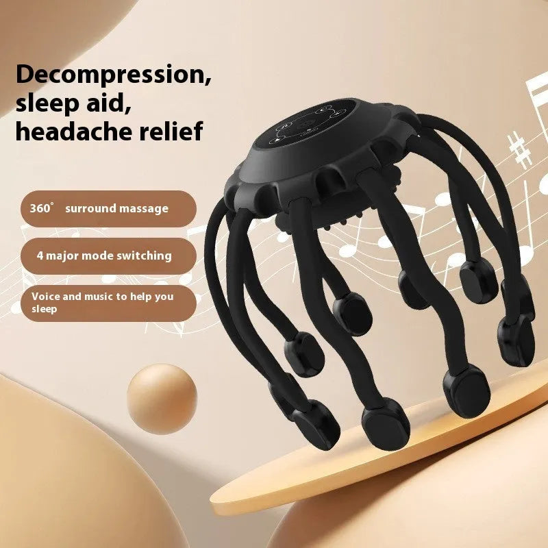 Black and white head massagers with multiple claws and USB cable for charging.