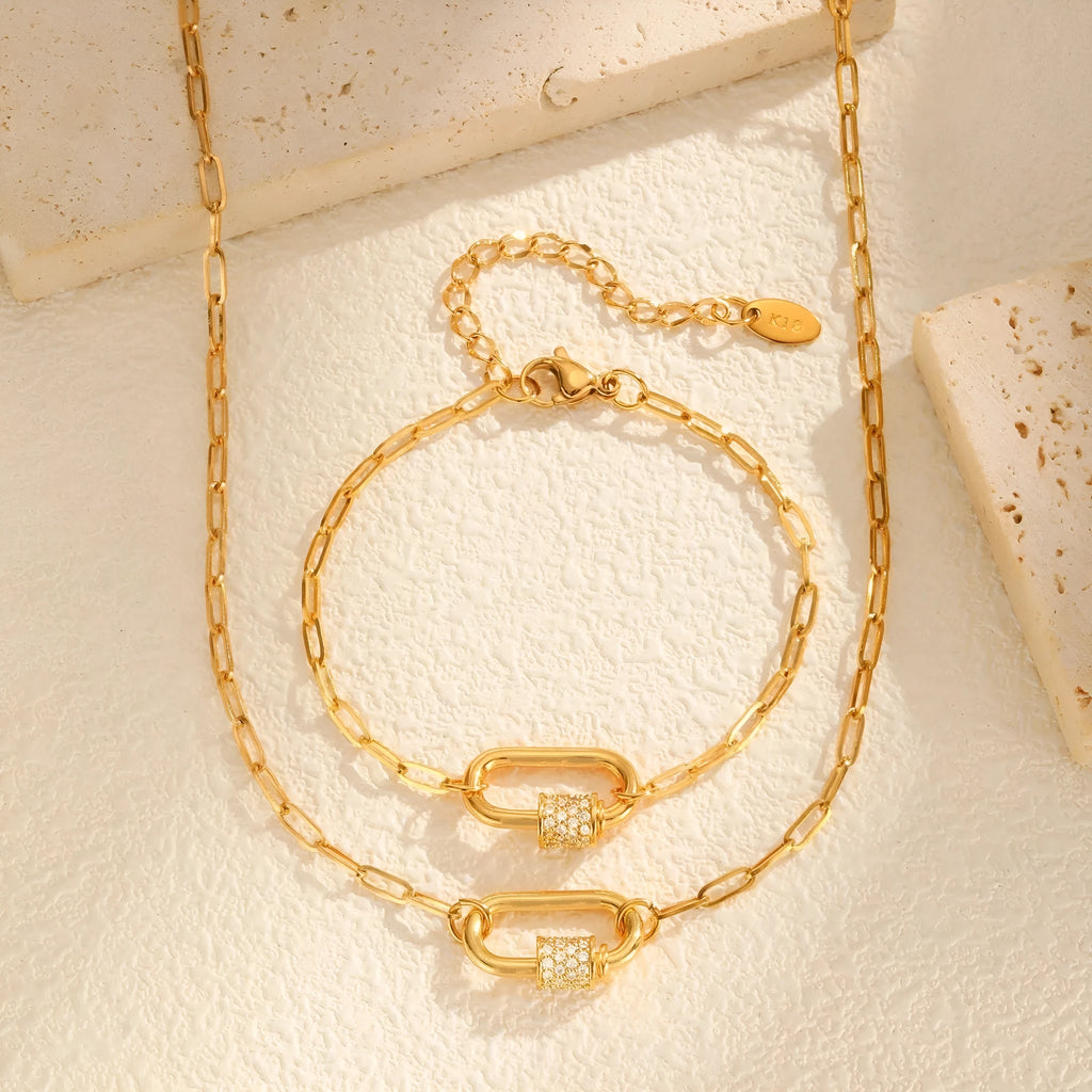 Small square chain stainless steel pendant necklace with oval zircon stone in gold colour finish