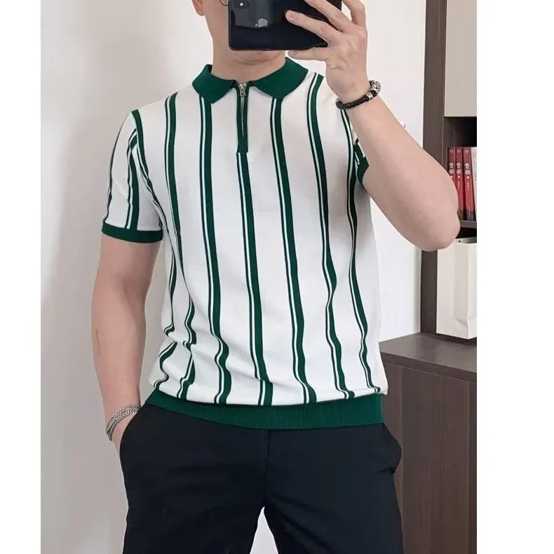 Men's Korean style vintage stripe casual t-shirt with front zipper and cartoon pattern