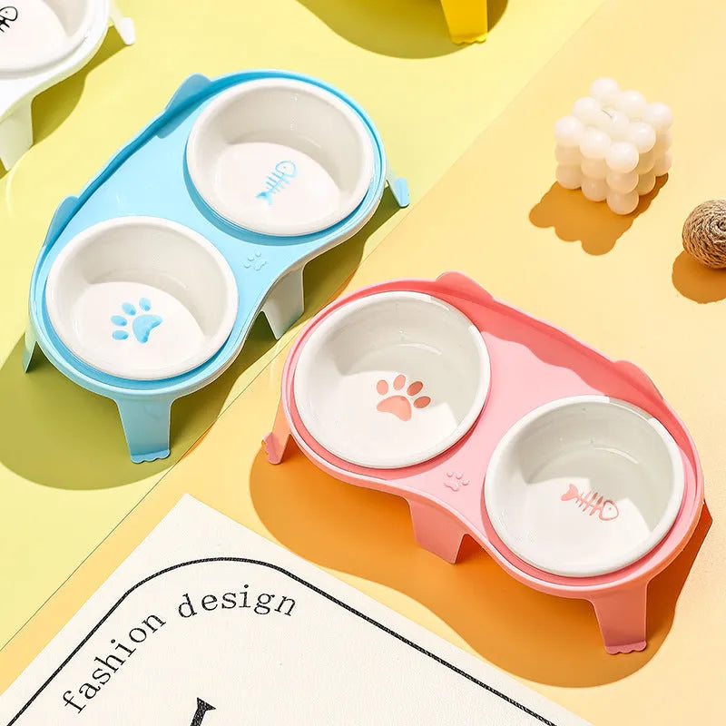 Ceramic cat food and water bowl set with elevated tilted stand in blue, pink, white or yellow