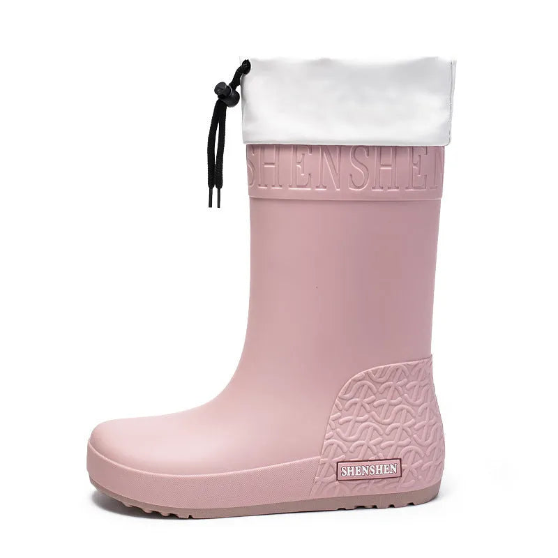 Women's solid colour PVC rain boots with non-slip soles in apricot, black, brown, and pink waterproof mouth options