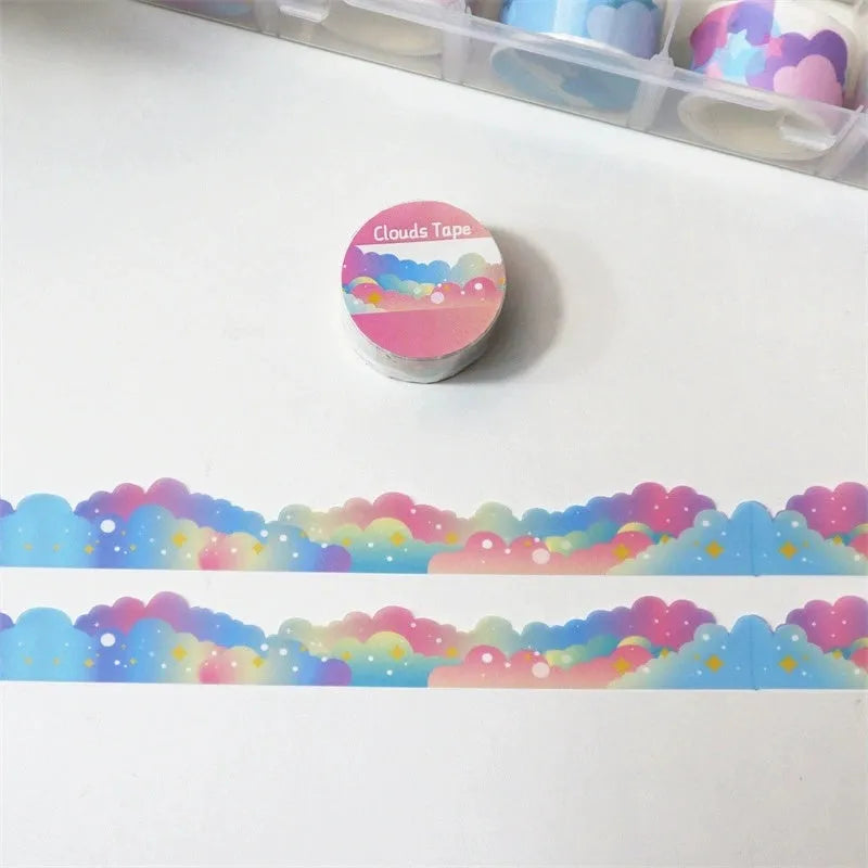 Roll of washi tape with stars and clouds border pattern, 24mm wide, in one of nine colour options