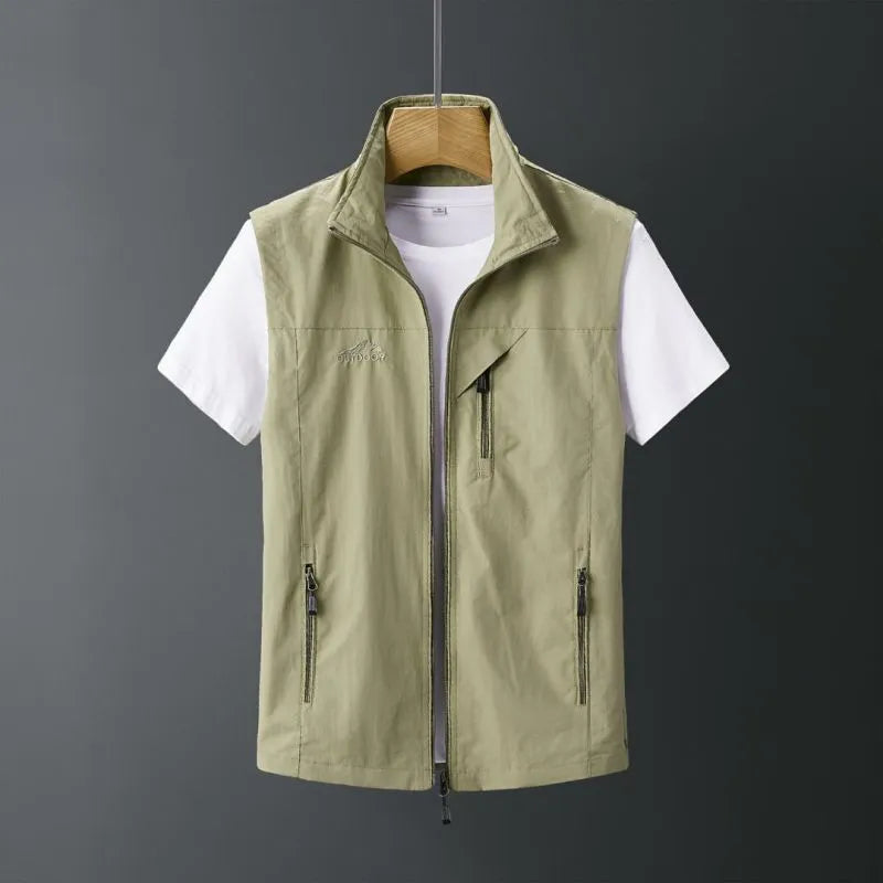 Men's slim fit rabbit fur waistcoat with a hood in army green