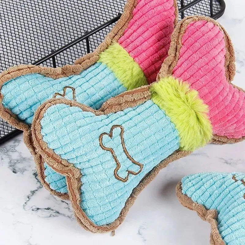 Three plush dog squeaky toys in blue white colour, each measuring 17x10x2cm, on a light background