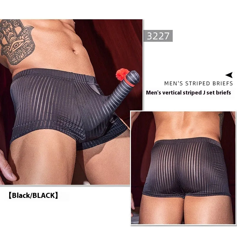 Men's striped boxer briefs in black, white and dark grey nylon with high elastic free size fit