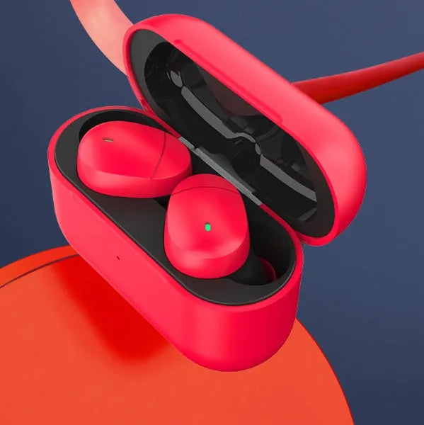 Flame red Qualcomm TWS 3040 true wireless Bluetooth 5.2 earphones with charging case.