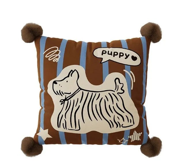 Cartoon animal printed cushion on sofa in blue, brown or white colours, showing 30x70cm, 45x45cm and 60x60cm size options