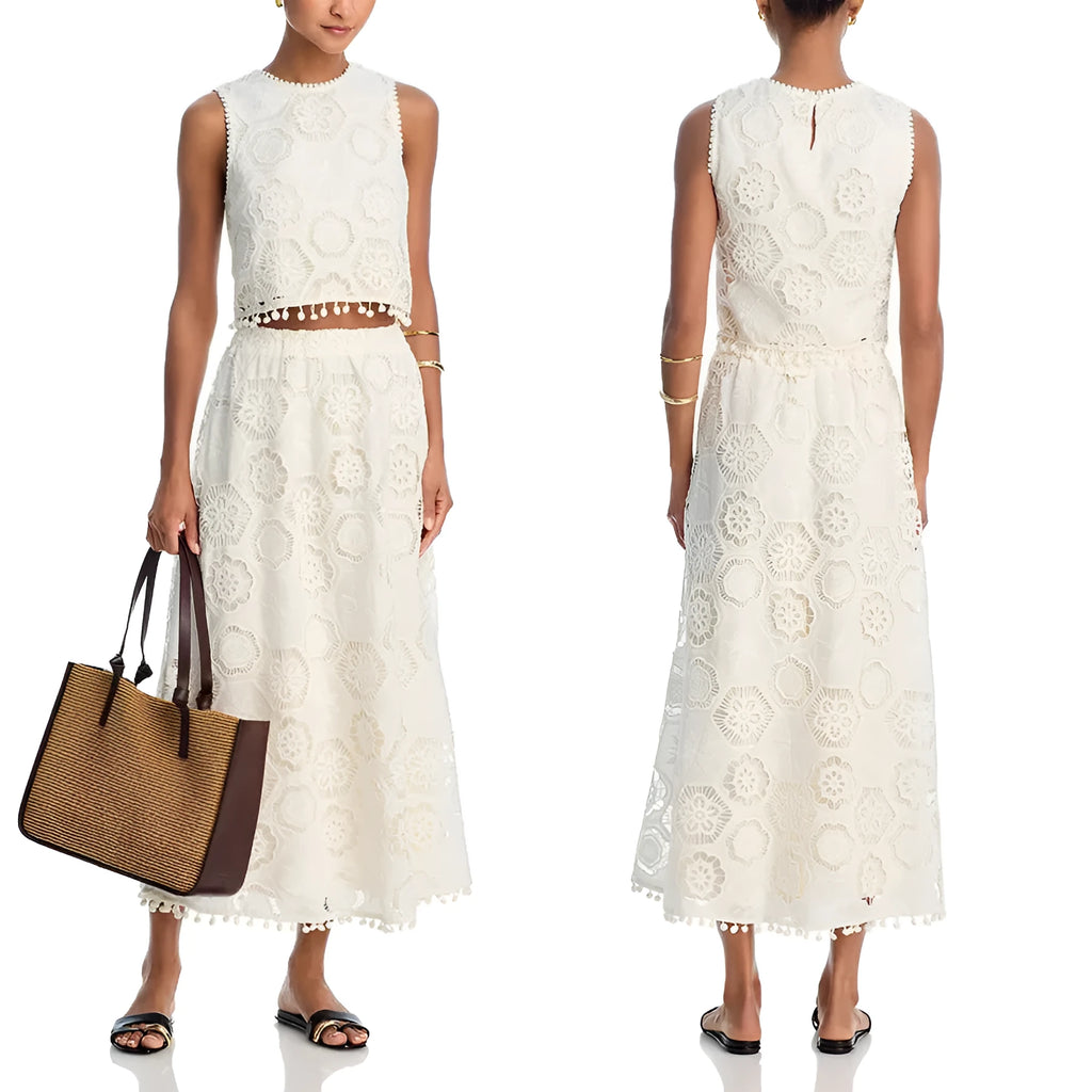 White women's sleeveless top and long skirt suit set with embroidery detail in retro art style
