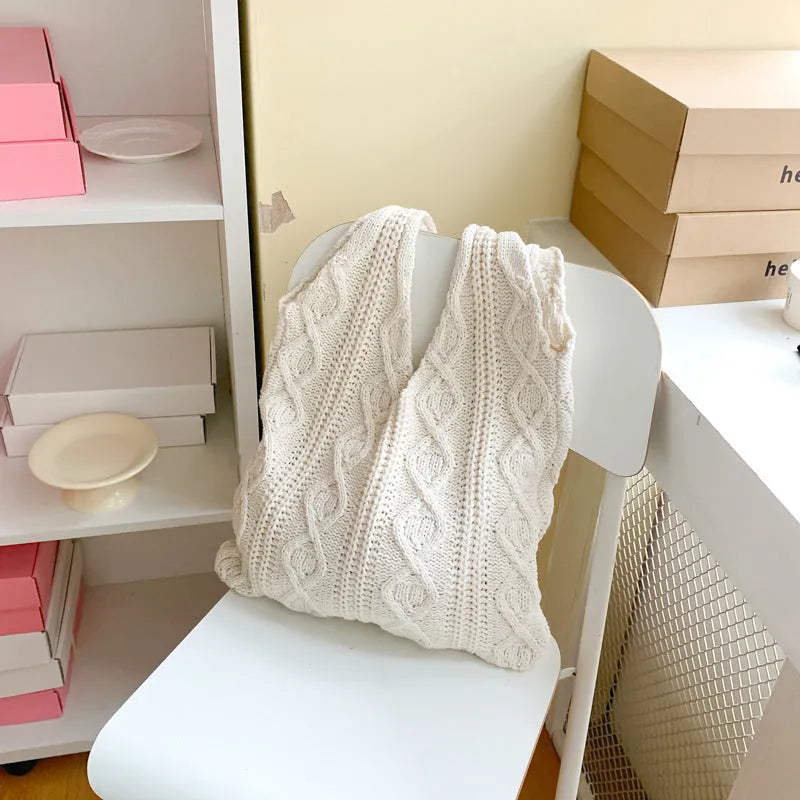 Retro style crochet wool yarn shoulder tote bag with double straps in various solid colours