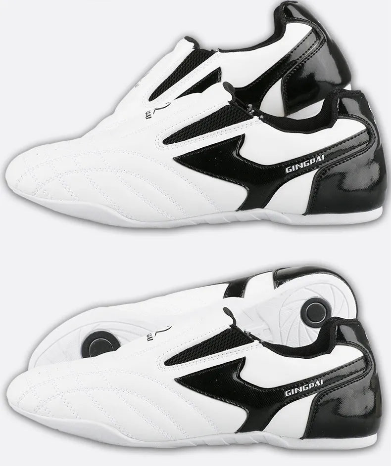 Black and white PU Taekwondo martial arts training shoes with a soft sole.