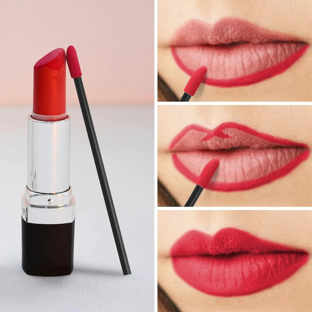 Disposable lip brushes with coloured handles and flocked brush heads for lip makeup application