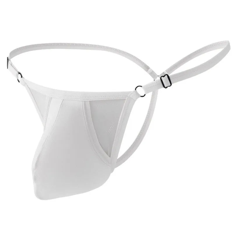 Men's low-waist ice silk briefs in a T-back design with thin straps, shown in multiple colours.