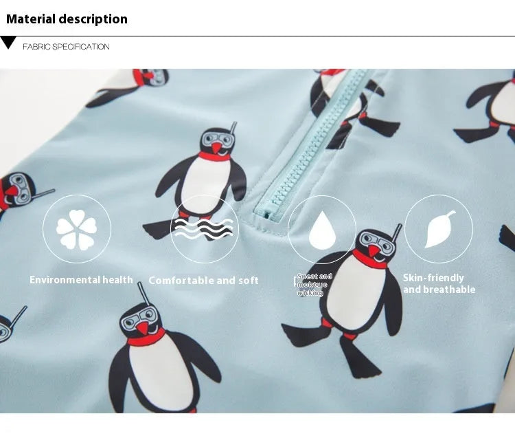 Boys' penguin print long sleeve one-piece swimsuit with matching swimming cap
