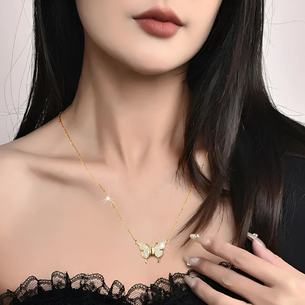 Gold titanium steel clavicle necklace with magnetic butterfly pendant on twisted chain