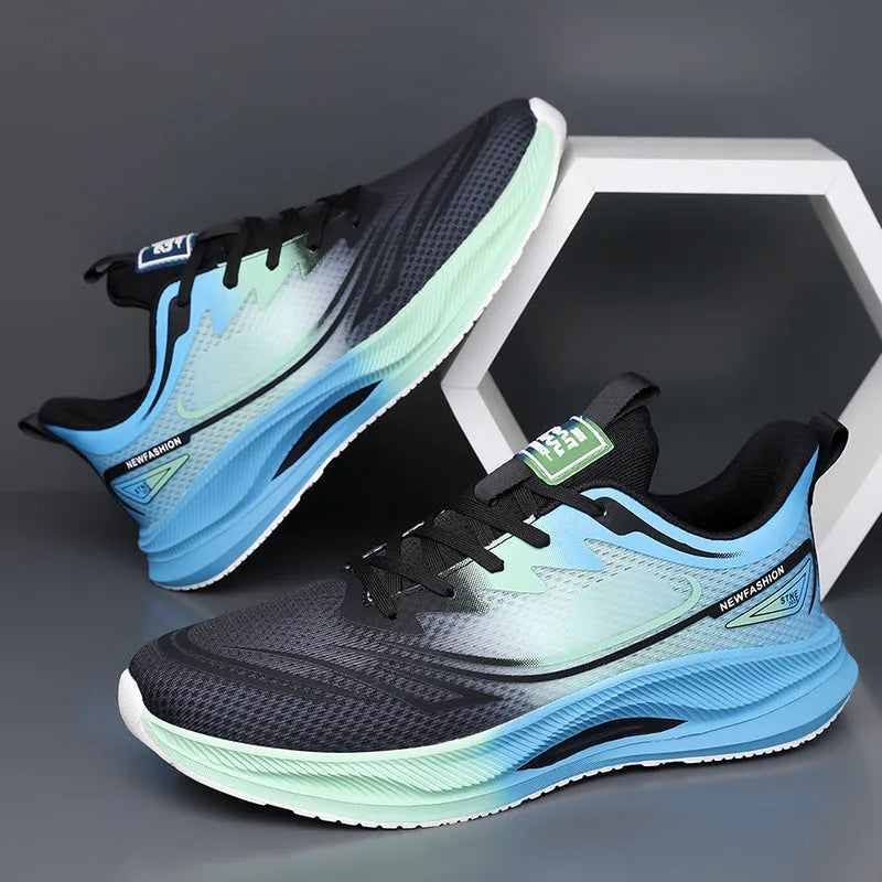 Men's casual mesh shoes in black, blue, and green colour options with round toe and rubber sole