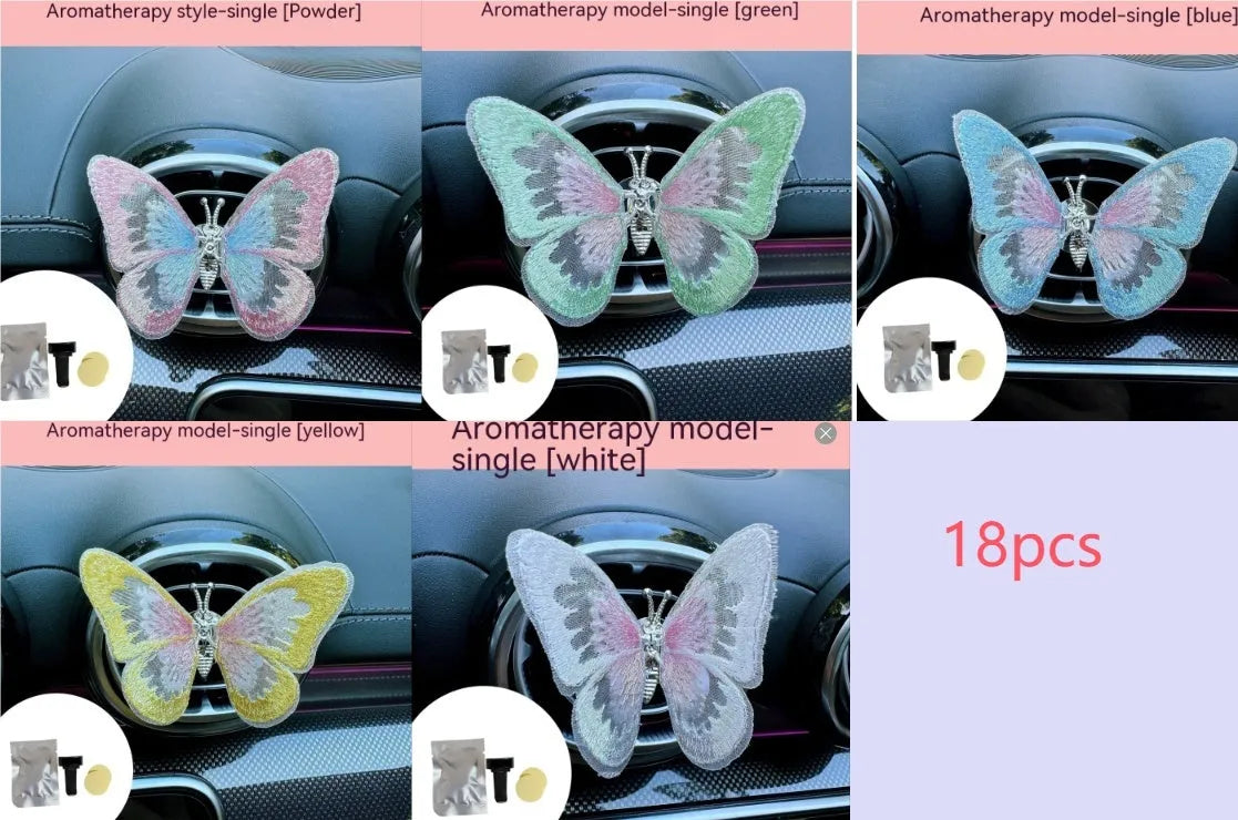 Moving embroidery butterfly decoration on car centre console air vent in pink fabric