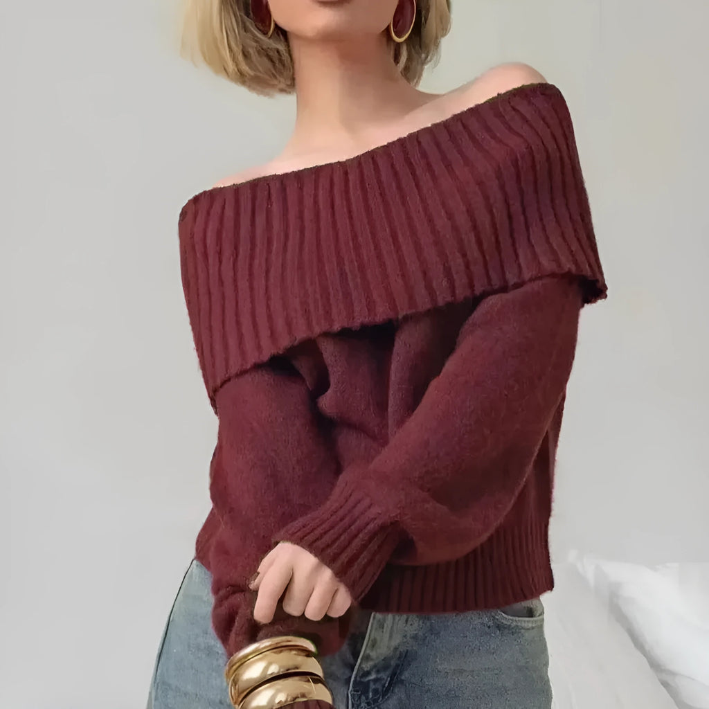 Strapless off-shoulder grey acrylic sweater with 3D pattern effect and regular sleeves