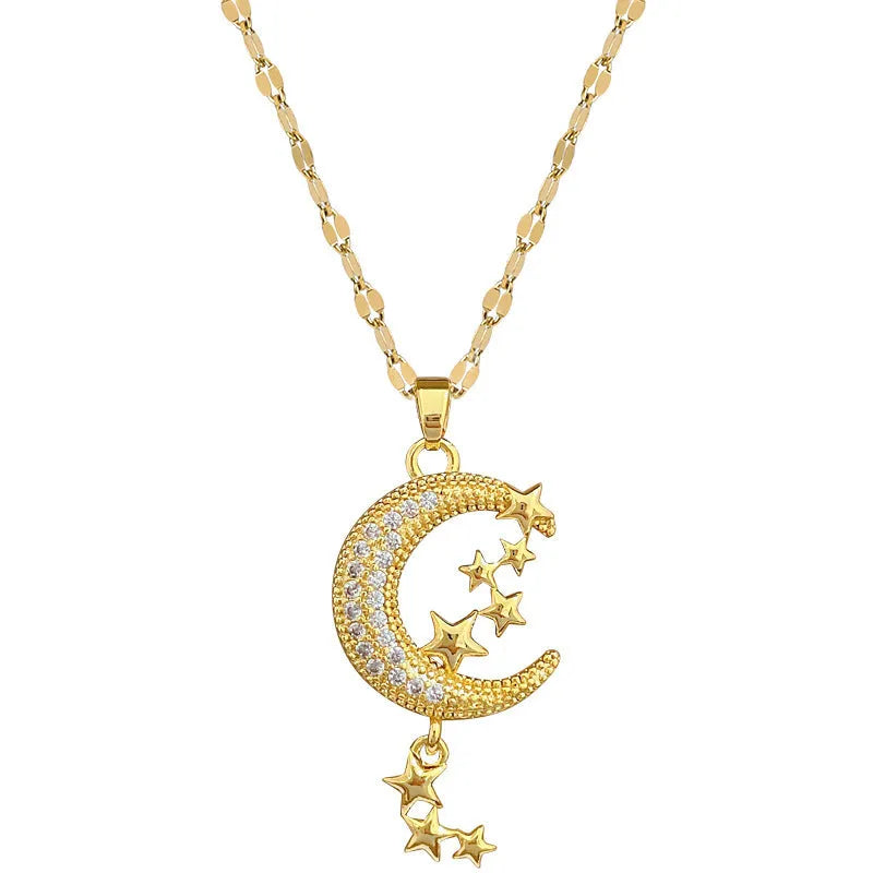 Stainless steel and copper moon pendant necklace with geometric diamond pattern and tassel design
