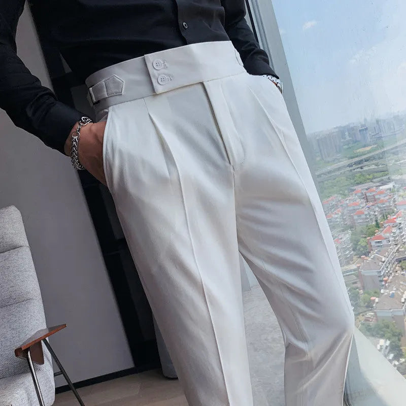 Straight leg casual trousers in solid colours on a size chart background.