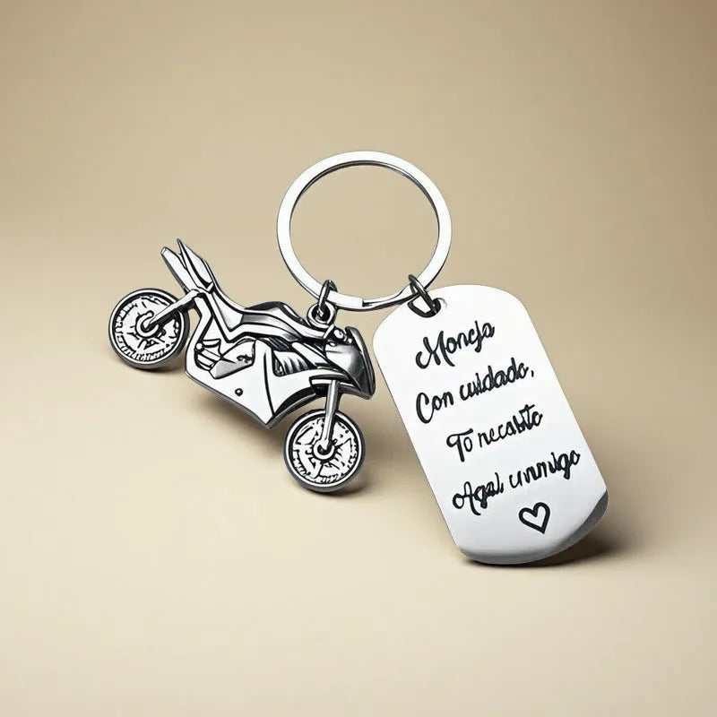 Stainless steel motorcycle inspiration keychain with flannel storage pouch
