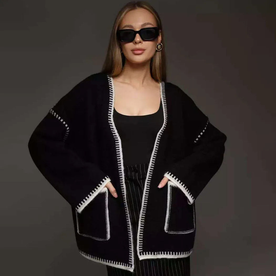 Loose mid-length lace-up knitted cardigan in black, white, or camel colour with thick imitation cashmere fabric