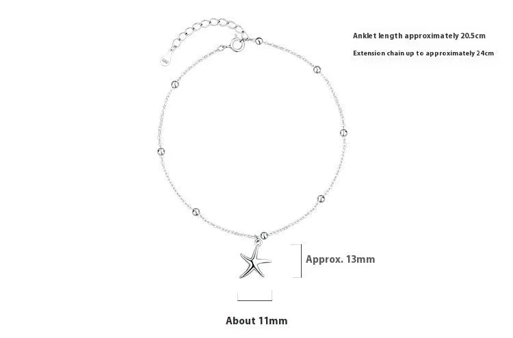 Women's sterling silver anklet with starfish charm and round beads chain