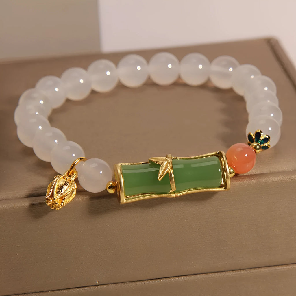 Women's Chinese style bamboo beaded bracelet with white agate and jade components