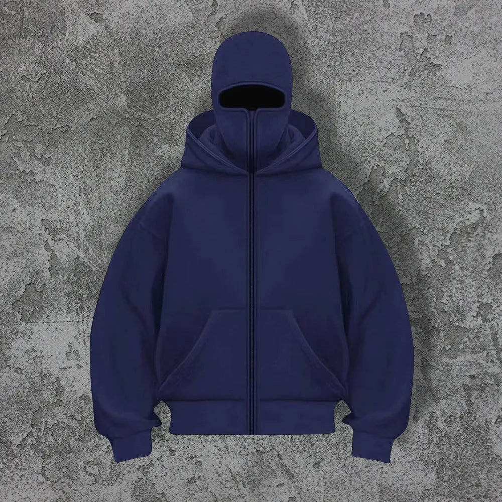 Women's loose fit solid colour polyester fleece zip top with faux fur trim on hood, front view