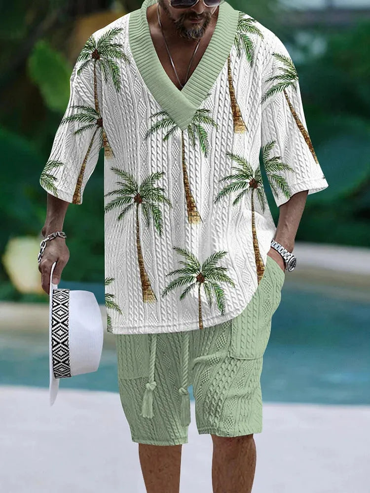 Men's loose casual short sleeve suit with matching shorts in polyester fabric