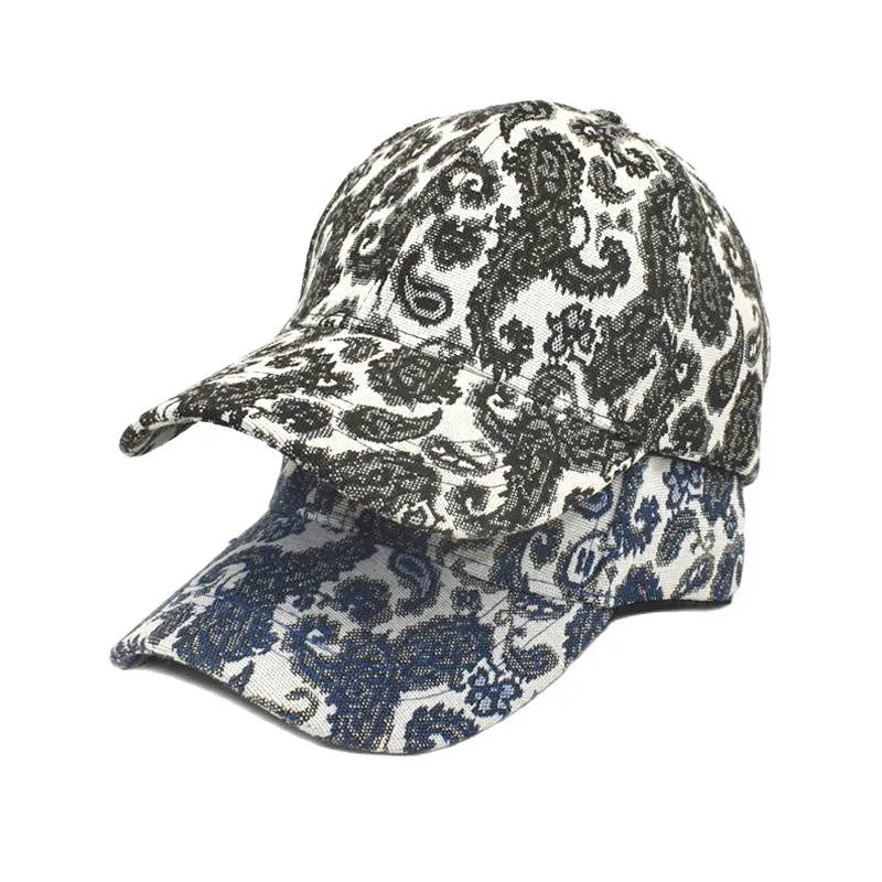 Polyester baseball cap with paisley pattern print in black colour showing dome crown design