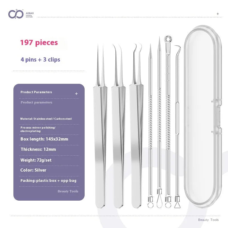 Four-piece silver metal acne needle set with fine-pointed needles and a clip for skin blemish removal.