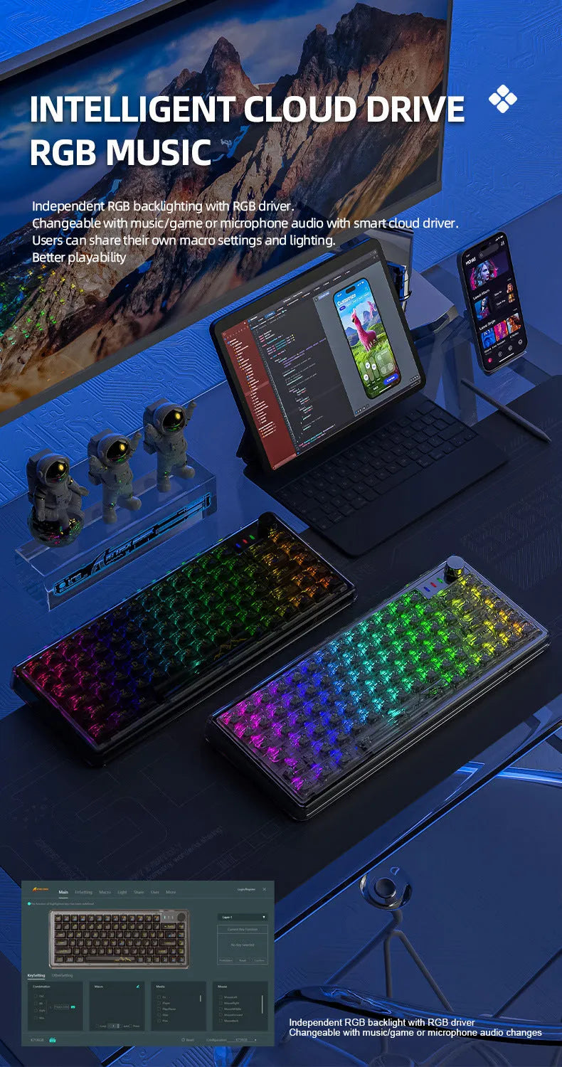 Attack Shark K75RGB transparent wireless mechanical keyboard with RGB lighting showing through PC case