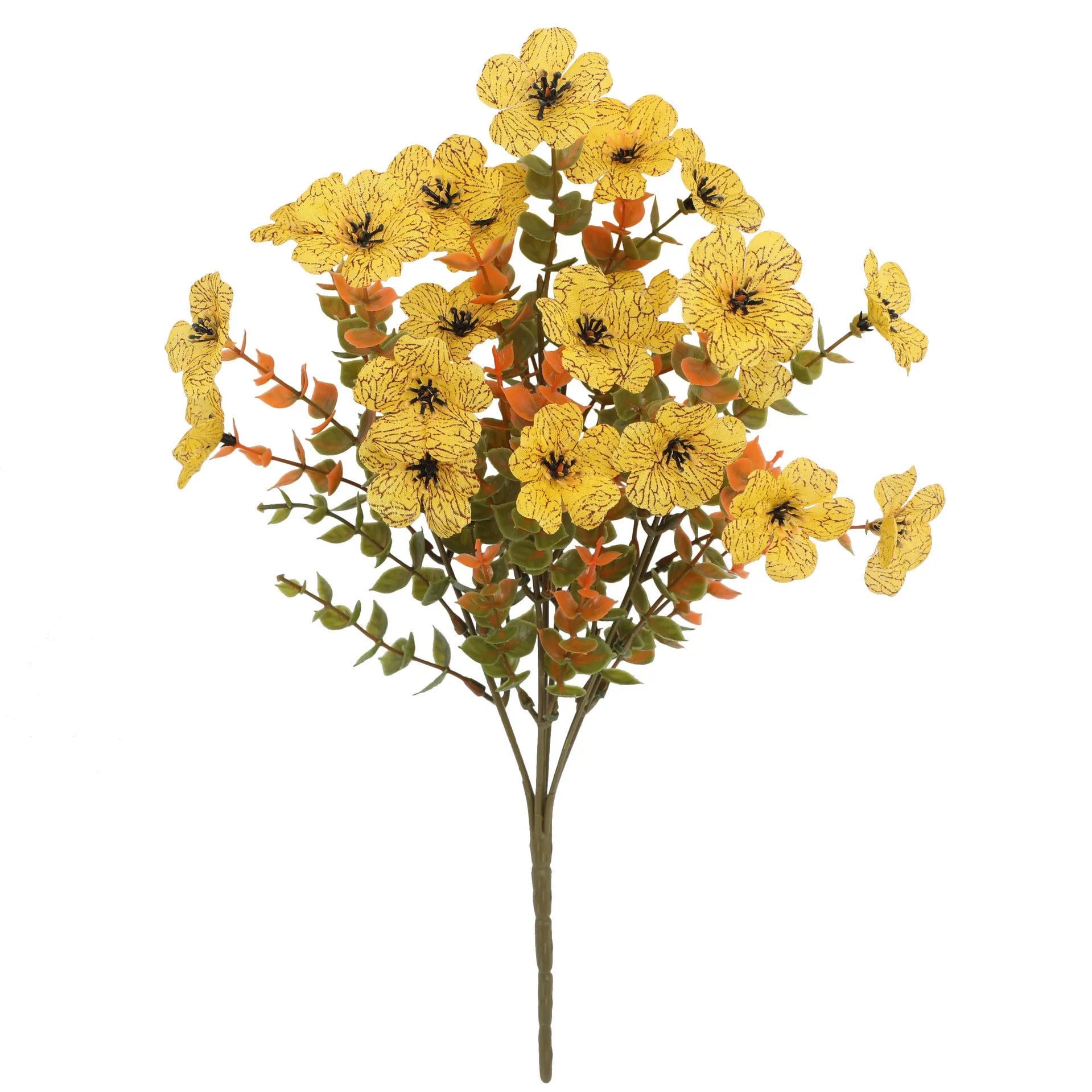 Artificial flower bouquet in autumn red, yellow, orange and orange-yellow colours for home and wedding decoration