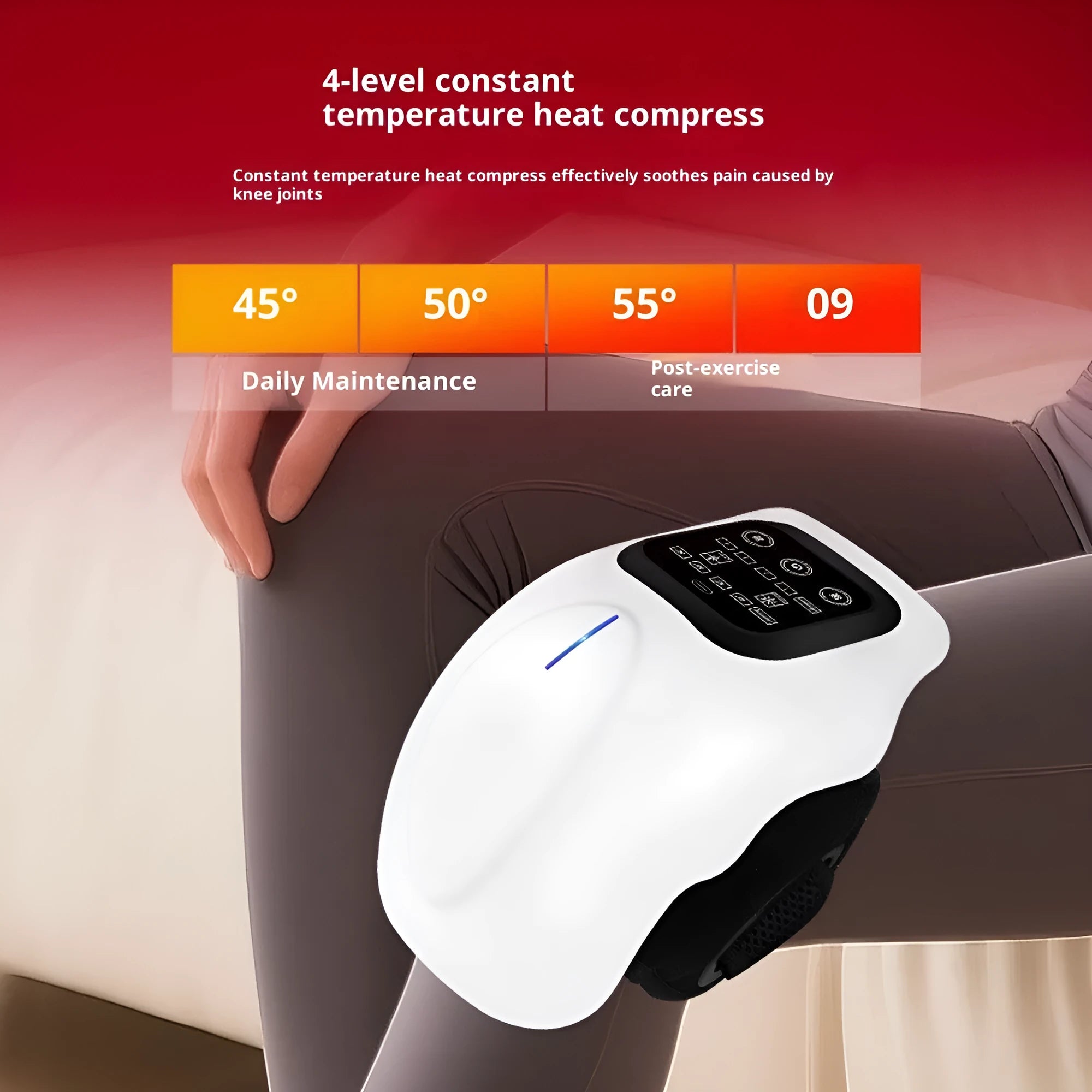 White smart electric heating knee massager with LCD display for infrared heat therapy on legs