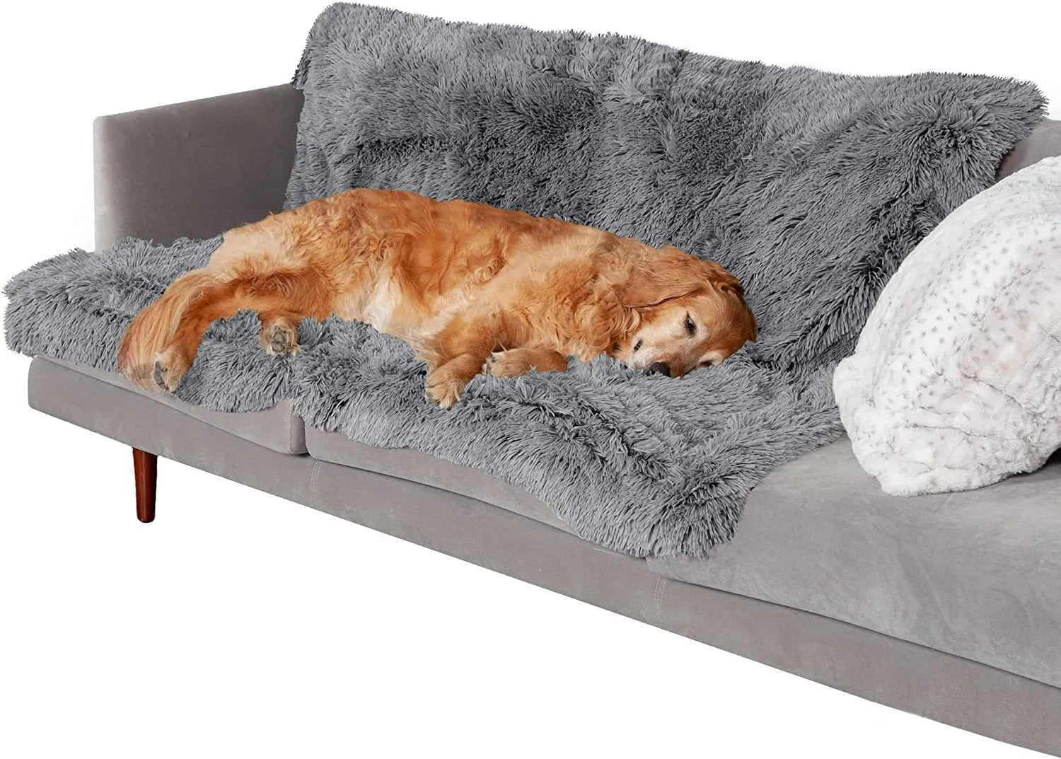 Plush waterproof dog cushion in dark grey, showing soft fabric surface and thick edges.