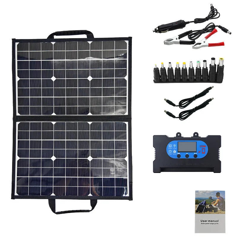 Black folding bag portable solar charger with 40W single crystal panel, shown folded to 425x285x8mm size.
