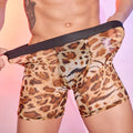 Men's leopard print boxer shorts with elastic waistband, nylon fabric construction