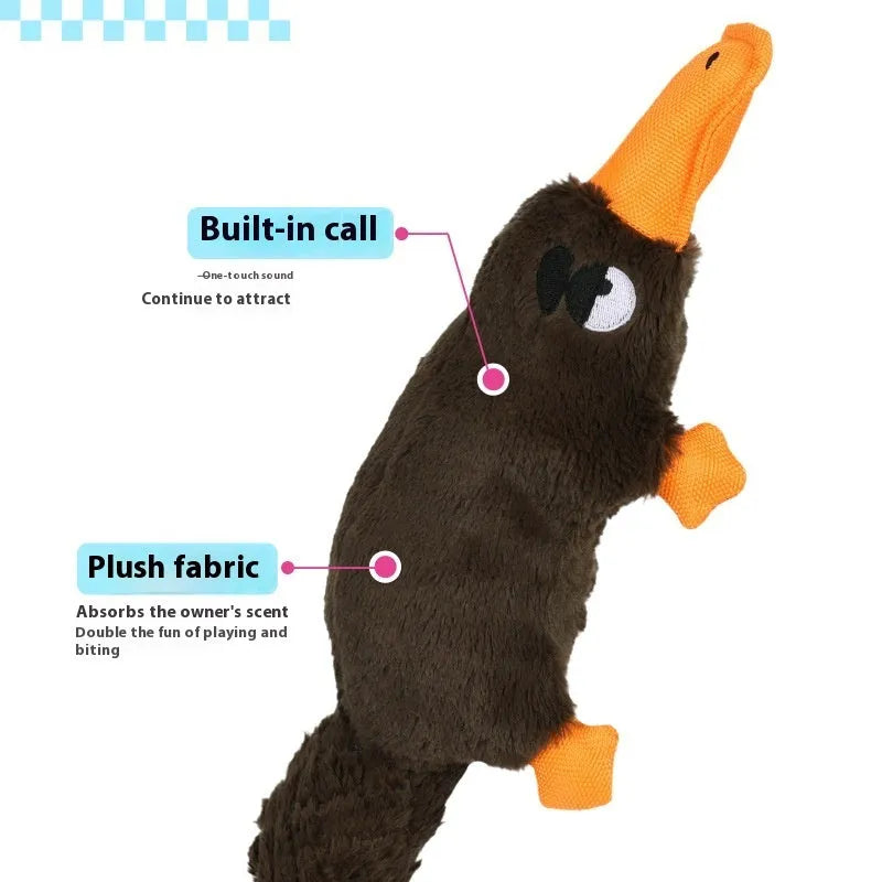 Brown plush platypus dog toy with squeaker on white background