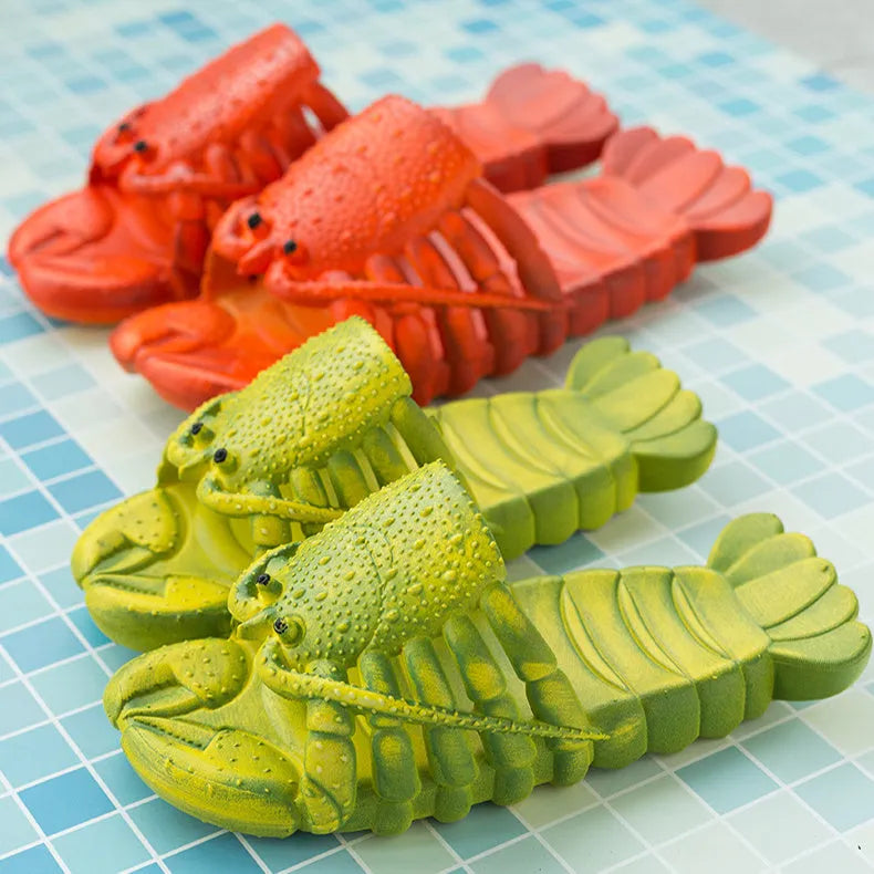 Cute red lobster-shaped PVC slippers for unisex wear, solid colour with flanging detail on patent leather upper