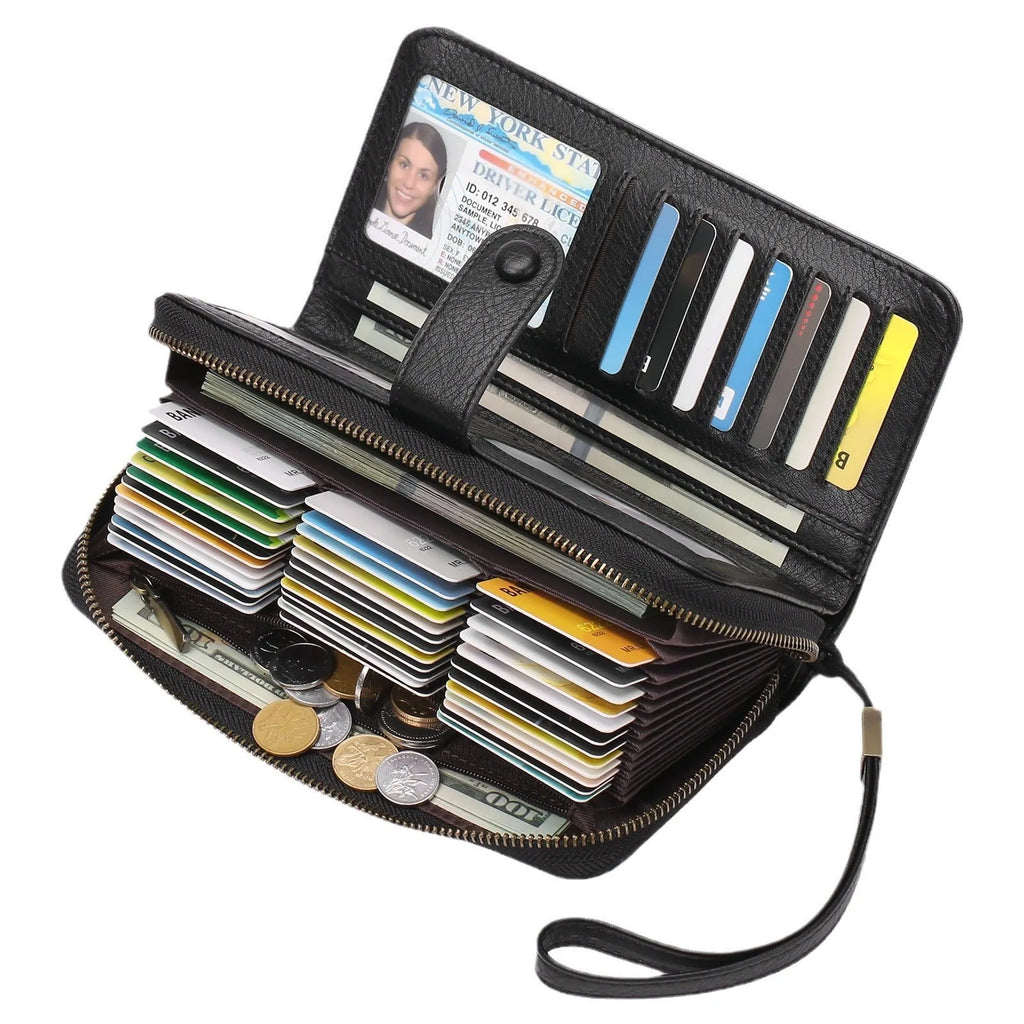 Expanding card holder women's long wallet passport bag in PU synthetic leather with anti-theft swiping