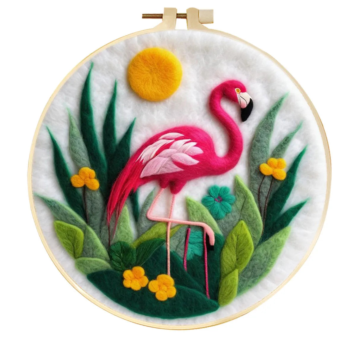 Round 20x20 cm linen embroidery kit with wool felt pieces for floral design and included embroidery frame.