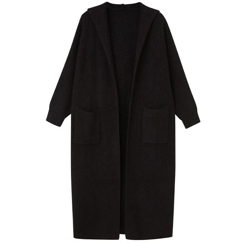 Women's grey knitted cardigan trench coat with hood and regular sleeves