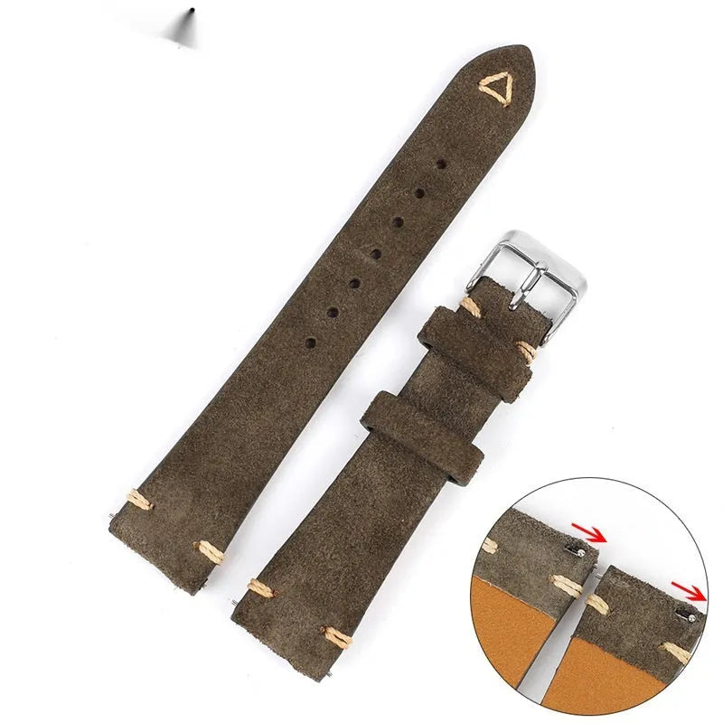 Genuine suede leather watch strap in Army Green, Blue, Brown, or Grey colour, showing 20mm and 22mm width options.