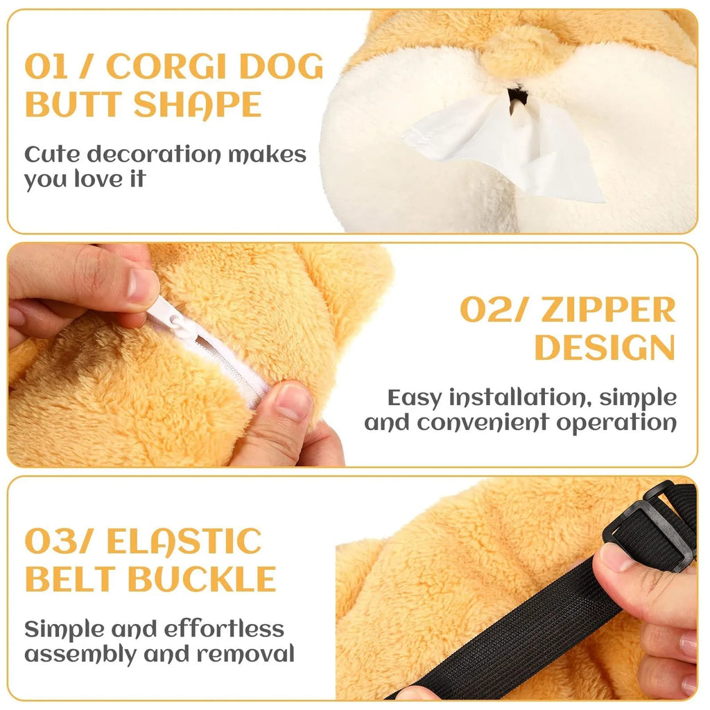 Yellow soft plush corgi butt shaped tissue box cover with elastic strap for car or home.
